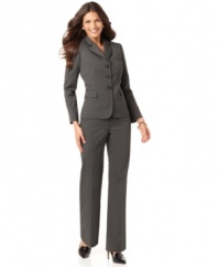 Look polished and professional without running up your credit card-Tahari delivers a tailored petite pants suit that's attractively priced too.