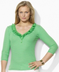 Airy jersey ruffles and a chic V-neckline lend flirty appeal to a plus size soft ribbed-knit cotton top, from Lauren by Ralph Lauren.