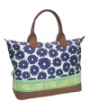 Carry on and carry on in style! A perfectly sized carryall made from all-organic cotton with leather handles and detailing strikes a stylish chord on every trip you take. The colorful patterned exterior and contrast interior makes this a take-everywhere duffel that offers endless options in organization with multiple interior pockets. 1-month warranty.
