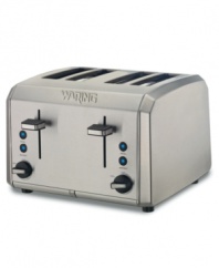 A morning must-have, the Waring toaster helps you rise and shine with its brushed stainless steel housing and extra-wide slots that accommodate bread, bagels, english muffins and other breakfast favorites. Adjustable shade control makes it just the way you like it. One-year limited warranty. Model WT400.
