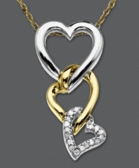 Let love conquer all with this interlocking heart necklace. Set in sterling silver and 14k gold, pendant features three interlocking hearts with the bottom heart coated in round-cut diamond accents. Approximate length: 18 inches. Approximate drop: 3/4 inch.