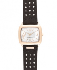 Rosy hues meet dark tones in this eye-catching watch from Nine West. Crafted of black perforated leather strap and rounded square rose-gold tone mixed metal case. Silver dial with rose-gold tone numerals at three, six, nine and twelve o'clock, applied stick incides, minute track, hour and minute hands, sweeping second hand and logo at six o'clock. Quartz movement. Limited lifetime warranty.