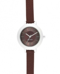 Walk the line between casual and dressy with this Nine West watch. Crafted of brown leather strap and round silver tone mixed metal case. Brown textured dial features silver tone hour and minute hands, sweeping second hand, applied numerals at twelve and six o'clock, stick indices and logo at six o'clock. Quartz movement. Limited lifetime warranty.