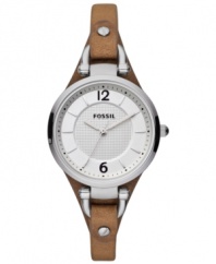 A classic round steel case sits on smooth brown leather on this Georgia collection watch by Fossil.