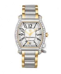 Decadent details accent the curves of this Dalton watch by Juicy Couture. Two-tone stainless steel bracelet and tonneau case with iconic crown charm. Bezel crystallized with Swarovski elements at left and right. Silver tone dial features black numerals at markers, minute track, heart-shaped date window at six o'clock, three gold tone hands and logos. Quartz movement. Water resistant to 30 meters. Two-year limited warranty.