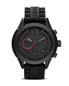Designed to be sporty and sleek, this silicone chronograph from Armani Exchange plays as hard as it works. Features like it's bold case and chronograph movement keep pace with an athletic lifestyle.