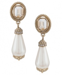 Traditionally elegant. Carolee's stunning drop earrings highlight pear-shaped glass pearls and sparkling glass stones set in textured antique gold-plated mixed metal. Approximate drop: 2 inches.