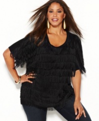 Flaunt your fun side with INC's short sleeve plus size top, featuring a fringed front.