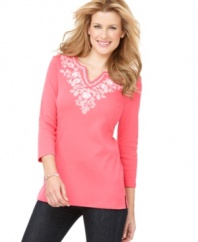 Peasant-style charm in a tunic silhouette-Karen Scott's petite top gives you the best of both!
