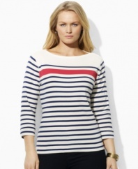 Designed with three-quarter sleeves for a fresh, modern look, Lauren Jeans Co.'s plus size tee is rendered in soft cotton jersey with a chic boat neckline and nautical-inspired stripes.