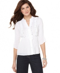 NY Collections gives this petite shirt a completely feminine makeover, adding ruffles, pleated details and a smocked waistband for a flattering fit.