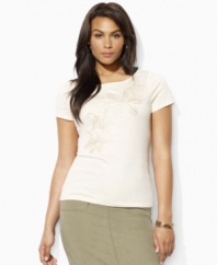 A soft cotton plus size tee is embellished with embroidered and beaded flowers for a feminine update, from Lauren by Ralph Lauren.