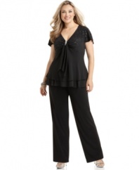 R&M Richards proves a pants ensemble can be just as elegant as an evening gown. This plus size outfit features a sequined top with rhinestone detail and a tiered hem and pretty, graceful pants.