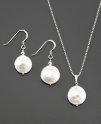 A pendant and earring set with lustrous elegance. Features coin-shaped freshwater pearls (11 mm) in sterling silver settings. Chain measures 18 inches.