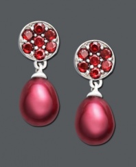 Color suitable for red-carpet style. Get instant glamour with these Fresh by Honora earrings featuring red cultured freshwater pearl drops (7-7-1/2 mm) and sparkling garnet accents. Crafted in sterling silver. Approximate drop: 3/8 inch.