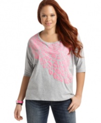 Flaunt a fierce look with Eyeshadow's three-quarter sleeve plus size top, highlighted by an animal print.