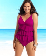 Charming tiers create a flirty and flattering look on this plus size tummy control two-piece set from Fit 4 U!.
