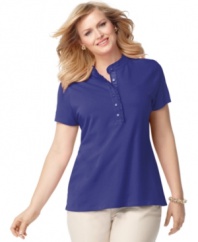 Feminine frills beautifully accent Charter Club's short sleeve plus size henley top-- get a fresh look this season!