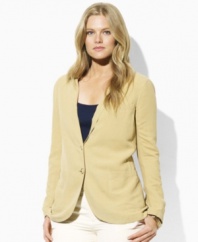 A sleek two-button plus size jacket is rendered in a soft blend of silk and linen, creating a chic layering piece, from Lauren by Ralph Lauren.