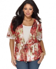 Snag two looks for one great price with AGB's layered look plus size top, including a printed shell and tank inset.