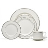 Vows dinnerware collection by Lauren by Ralph Lauren Home. Inspired by the graceful curves of wedding rings, this elegant dinnerware line features interconnected platinum bands on the finest bone china. Makes a stunning table for any special occasion. Set includes dinner plate, salad plate, bread & butter plate, teacup and saucer.