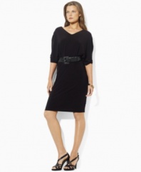 Designed from figure-flattering stretch matte jersey, Lauren by Ralph Lauren's petite Juna dress features slimming ruched dolman sleeves, a V-neckline and a versatile braided leather belt for a stylish silhouette.