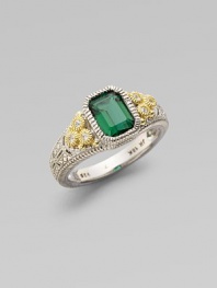 From the Estate Collection. An emerald-cut green quartz stone set in a textured sterling silver band, sparkling with white sapphires and accented in 18k gold.Green quartzWhite sapphireSterling silver18k goldDiameter, about ½Imported 