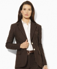 Rendered in a sleek two-button silhouette, Lauren by Ralph Lauren's petite jacket is crafted in chic pinstripes for a polished look.