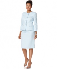 Le Suit's latest petite skirt suit turns on the charm with a subtle jacquard pattern and flattering fit.
