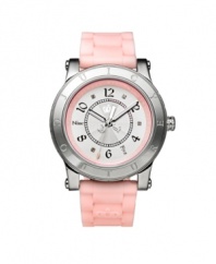 Pretty in pink. This HRH by Juicy Couture watch is crafted of pink synthetic jelly strap and round stainless steel case. Bezel etched with logo. White dial with textured silver tone inner dial features applied numerals, text numerals at five and nine o'clock, white minute track, three hands and crown logo. Quartz movement. Water resistant to 30 meters. Two-year limited warranty.