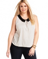 Score über-sweet style with Soprano's sleeveless plus size top, finished by a crochet collar and polka dot print.