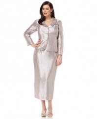 This shimmery hammered satin special occasion suit features an extra luxe look with a ruffled collar and jewel-button detail. Kasper's plus size style also features a sophisticated calf-length skirt.