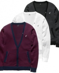 Horizontal striping livens up the traditional cardigan and adds a modern style touch to a must-have classic.