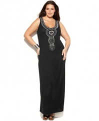 Win the style race this spring with INC's sleeveless plus size maxi dress, showcasing a beaded front and racerback,