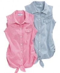 A little bit country. A gingham pattern adds a little twang to this cute checkered shirt from Guess.