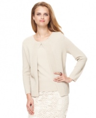 This petite ribbed cardigan from Jones New York features an easy fit and one hook closure for ladylike style. Pair it with the matching shell to make a twinset!