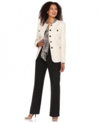 Kasper's latest petite pant suit is all about striking contrasts, featuring a printed scarf, a cream-hued jacket with glossy enamel and goldtone buttons and a pair of sleek, solid black pants.