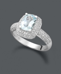Polish your look with a little extra shimmer. This stunning ring features a princess-cut aquamarine (1-1/4 ct. t.w.) surrounded by doubled rows of sparkling round-cut diamonds (1/2 ct. t.w.). Set in 14k white gold.