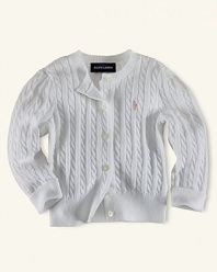 Ralph Lauren Childrenswear cable cardigan sweater. An essential long-sleeved cardigan in signature cabled cotton. Six-button placket. Ribbed neck, placket, cuffs and hem. Signature embroidered pony accents the chest.