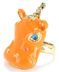 Welcome to the jungle. Betsey Johnson's playful hippo ring features a bright orange surface and sparkling crystal accents. Set in gold tone mixed metal. Ring stretches to fit finger.