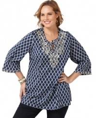 Plus size fashion that re-defines the boho look. This tunic from Charter Club's collection of plus size clothes features flowing three-quarter sleeves and an embellished neckline.