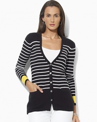 A timeless button-front cardigan crafted in ribbed cotton with a chic striped pattern and contrasting cuffs.