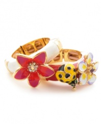 Let mother nature make her big debut. Betsey Johnson's pretty ring set features sparkly crystal-accented flowers in white, hot pink and yellow enamel with a yellow and black polka-dotted lady bug. Set in gold-plated mixed metal. Rings stretch to fit fingers.