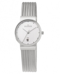 Modern style from Denmark. This Skagen Denmark watch features a mesh stainless steel bracelet and round case. Silvertone dial with dot markers, logo and date window. Quartz movement. Water resistant to 30 meters. Limited lifetime warranty.