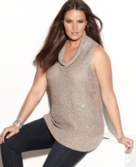Show off your sparkle with INC's sleeveless plus size sweater, featuring a cowl neckline and sequined finish.