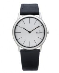 Get there in the nick of time with the ultra-slim design of this modern watch by Skagen Denmark. Black croc-embossed leather strap and round stainless steel case. Silver tone dial features black stick indices, two hands and logo. Quartz movement. Water resistant to 30 meters. Limited lifetime warranty.