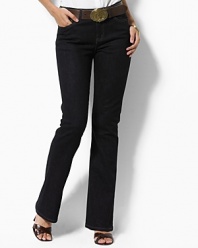 Designed in stretch cotton denim for comfort and a flattering fit, this straight-leg jeans are distinguished by a sleek silhouette. Moderate low-rise waist, sleek hip. Zip fly with shank closure. Five-pocket style with metal rivets at points of wear. Back right pocket features the signature LRL embroidered logo. Leather logo patch accents the back waist. Inseam, about 27.