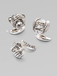 A clever addition to any gentleman's wardrobe in sterling silver, depicting the ancient axiom to see no evil, hear no evil, speak no evil. Set includes one of each Sterling silver About ½ diam. Imported 
