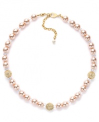 Pretty in pink. Charter Club's sweet style adds a touch of femininity to any look. Collar necklace is crafted in gold tone mixed metal with pink simulated pearls and glass fireballs. Approximate length: 16 inches + 2-inch extender.
