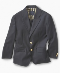 Get down to brass tacks with this simply classic blazer from Nautica in stylish stretch microfiber.